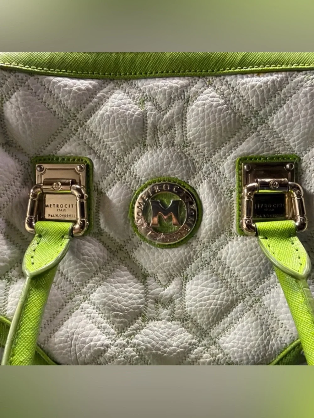 Metrocity Italy White‎ Lime Green Quilted Leather Satchel Handbag Gold Hardware